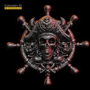 Pirate Skull Ship wheel Bas relief