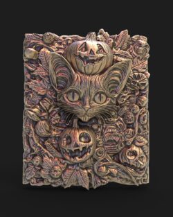 Halloween Cat & Pumpkin Bas-Relief 3D Model for CNC Carving