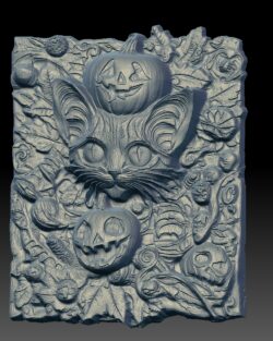 Halloween Cat & Pumpkin Bas-Relief 3D Model for CNC Carving