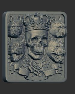 3D model of a design featuring a skull wearing a crown, surrounded by four pit bull heads, a rose, and a banner
