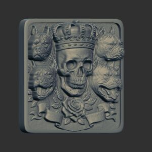 3D model of a design featuring a skull wearing a crown, surrounded by four pit bull heads, a rose, and a banner