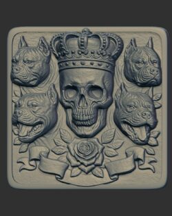 3D model of a design featuring a skull wearing a crown, surrounded by four pit bull heads, a rose, and a banner
