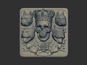 3D model of a design featuring a skull wearing a crown, surrounded by four pit bull heads, a rose, and a banner