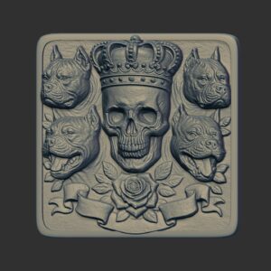 3D model of a design featuring a skull wearing a crown, surrounded by four pit bull heads, a rose, and a banner