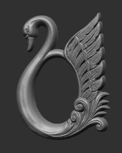 3D model of an ornate swan panel, likely an STL file used for CNC wood carving or 3D printing.