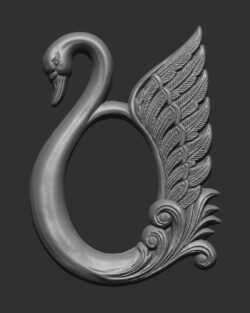 3D model of an ornate swan panel, likely an STL file used for CNC wood carving or 3D printing.