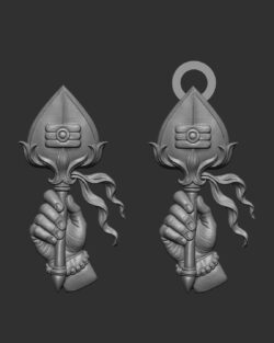 3D renders of a hand holding the Murugan Vel .