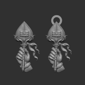 3D renders of a hand holding the Murugan Vel .