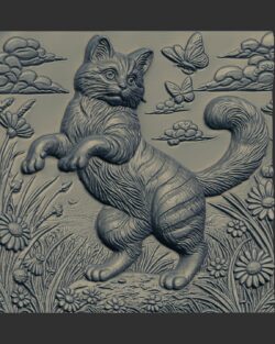 Cat and Butterflies Bas-Relief 3D Model