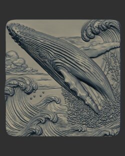 Majestic Humpback Whale Breaching Ocean Waves 3D Relief Carving