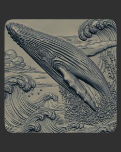 Majestic Humpback Whale Breaching Ocean Waves 3D Relief Carving