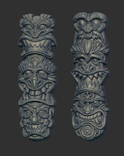 3D Bas-Relief Model: Dual Intricate Tiki Totems