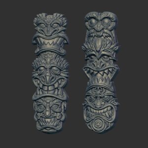 3D Bas-Relief Model: Dual Intricate Tiki Totems