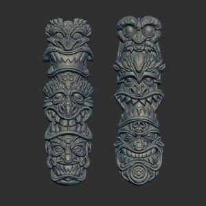 3D Bas-Relief Model: Dual Intricate Tiki Totems