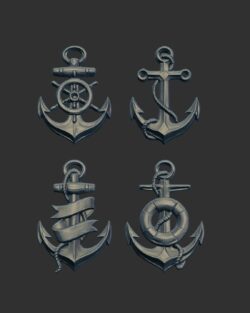Four Nautical Anchors 3D Models