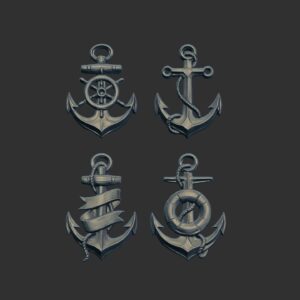 Four Nautical Anchors 3D Models