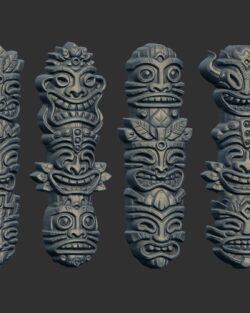 Set of 4 Stylized Tiki Totem Bas-Relief 3D Models