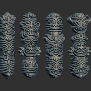 Set of 4 Stylized Tiki Totem Bas-Relief 3D Models