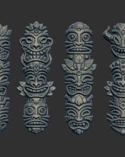 Set of 4 Stylized Tiki Totem Bas-Relief 3D Models