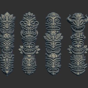 Set of 4 Stylized Tiki Totem Bas-Relief 3D Models