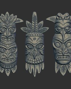 Three Polynesian Tiki Masks 3D Bas-Relief Model