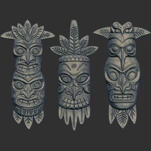 Three Polynesian Tiki Masks 3D Bas-Relief Model