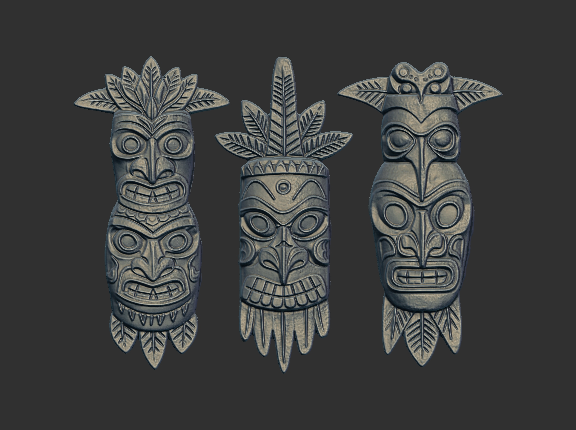 Three Polynesian Tiki Masks 3D Bas-Relief Model