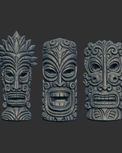 Stylized Polynesian Tiki Masks 3D Bas-Relief Models