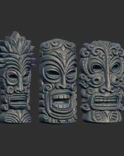 Stylized Polynesian Tiki Masks 3D Bas-Relief Models